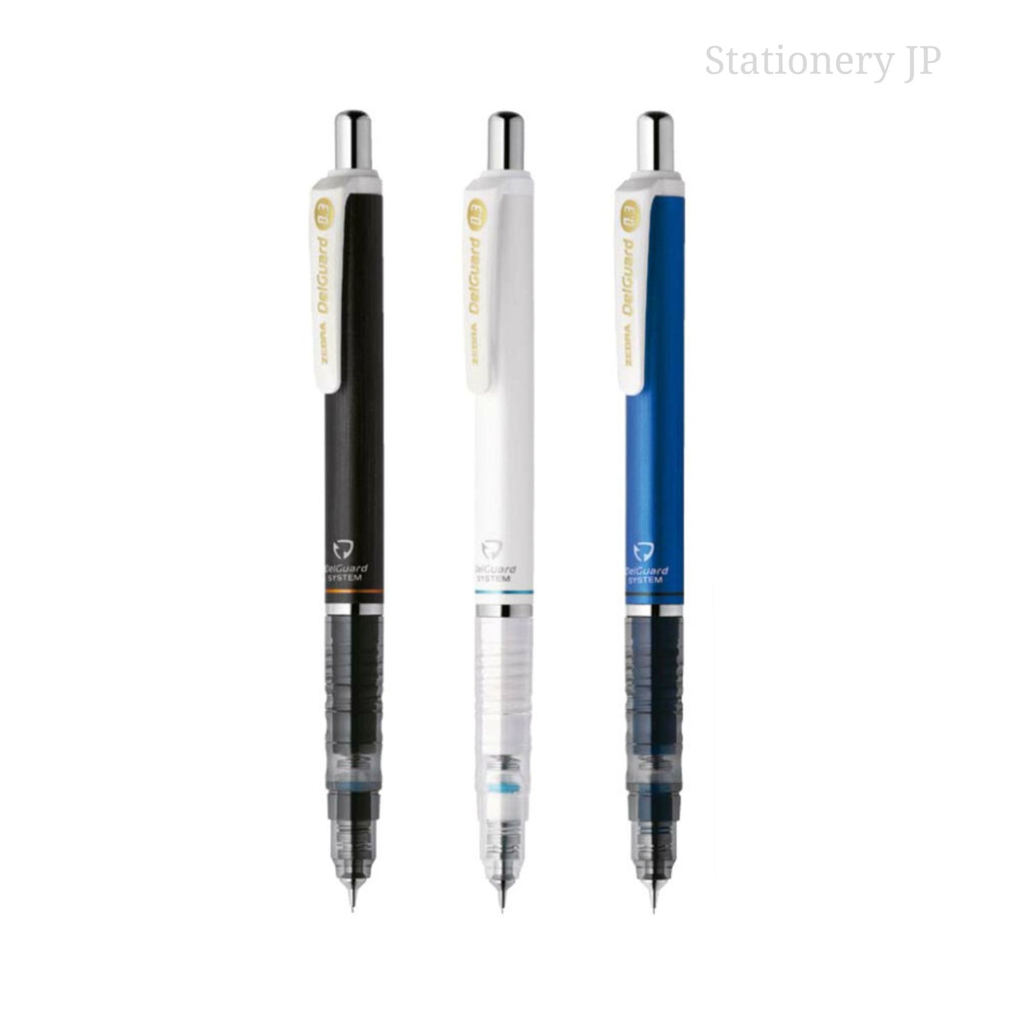 Zebra DelGuard Mechanical Pencil 0.3mm, 3 Color Body (Black/Blue/White), 3-pack