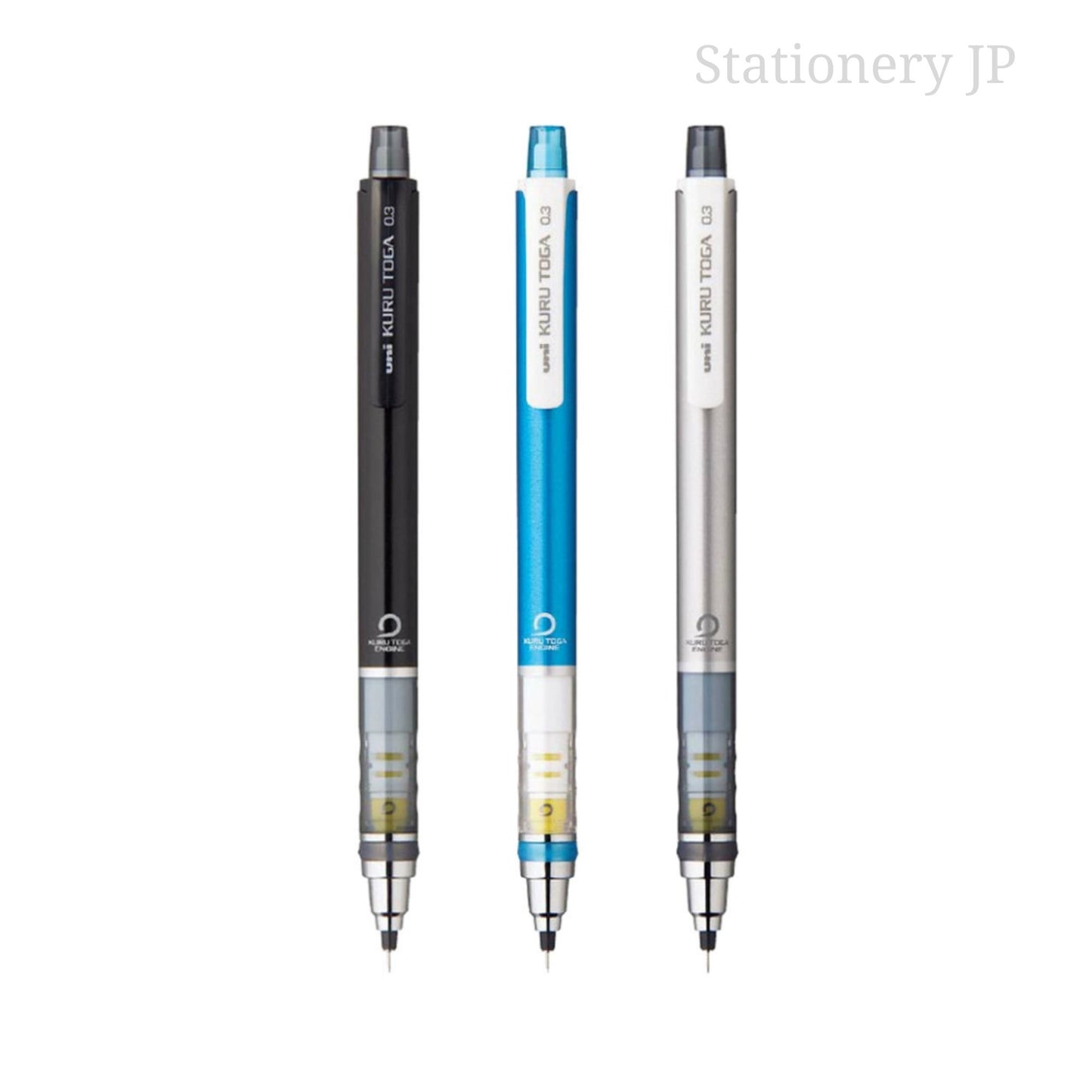 Uni Kuru Toga Auto Lead Rotation Mechanical Pencil Standard Model 0.3 mm, Body Color(Black/Blue/Silver), 3 Pieces Set
