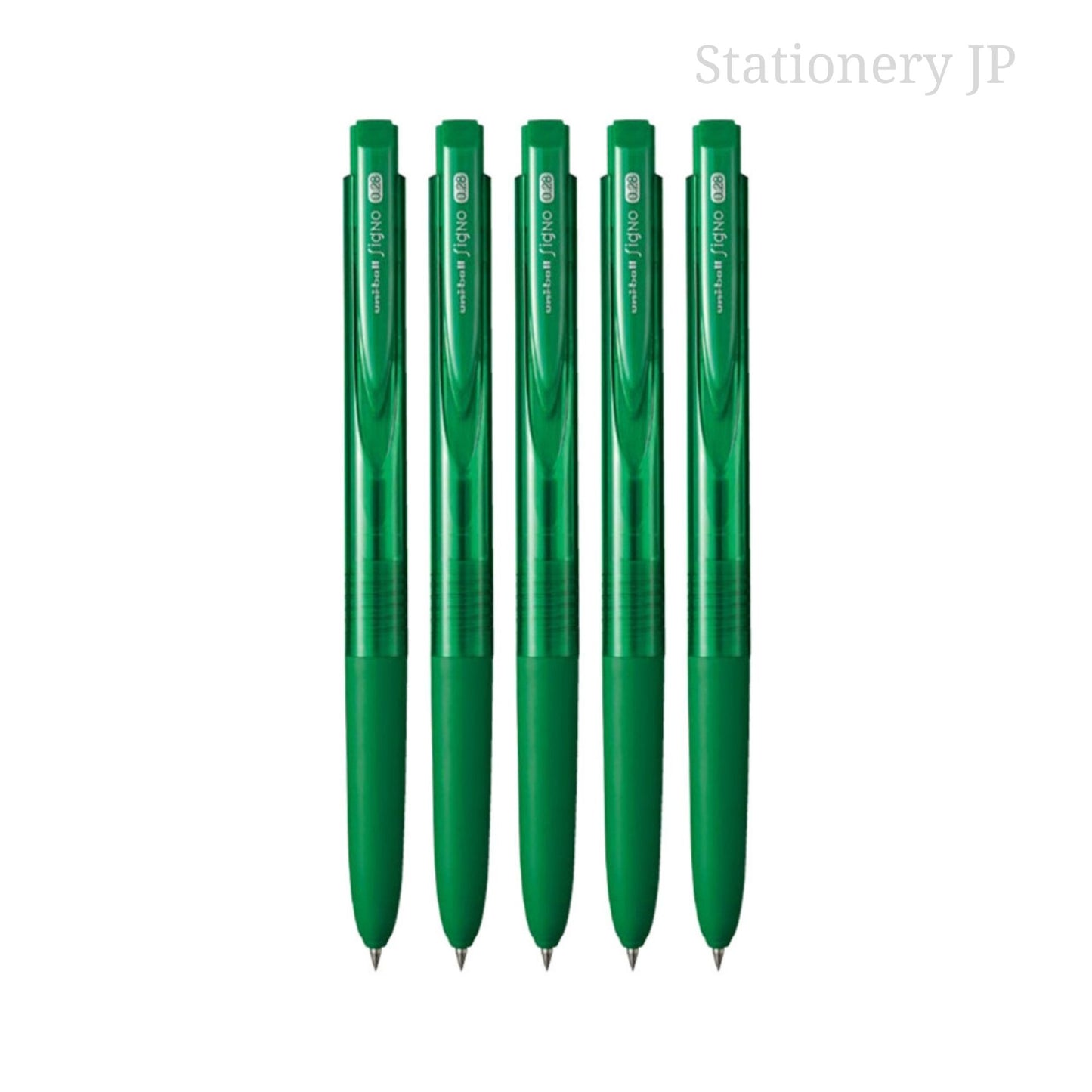 Signo RT1 Retractable Gel Ink Pen, Ultra Micro Point 0.28mm, Rubber Grip, Green Ink, 5 Pieces Set