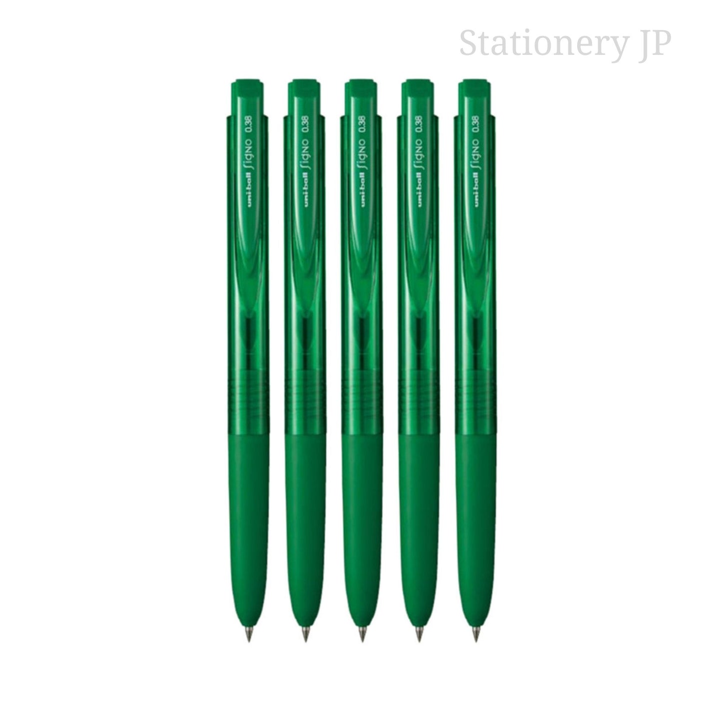 Signo RT1 Retractable Gel Ink Pen, Micro Point 0.38mm, Rubber Grip, Green Ink, 5 Pieces Set