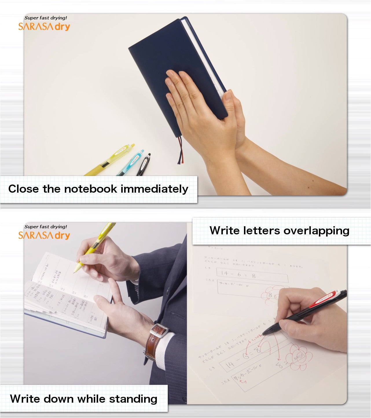 Zebra Sarasa Dry 0.5 Retractable Gel Ink Pen for left-handed, Rubber Grip, 0.5 mm, 3 Body Colors set All Black Ink