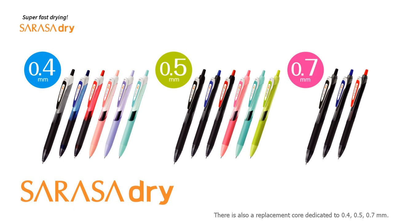 Zebra Sarasa Dry 0.5 Retractable Gel Ink Pen for left-handed, Rubber Grip, 0.5 mm, 3 Body Colors set All Black Ink
