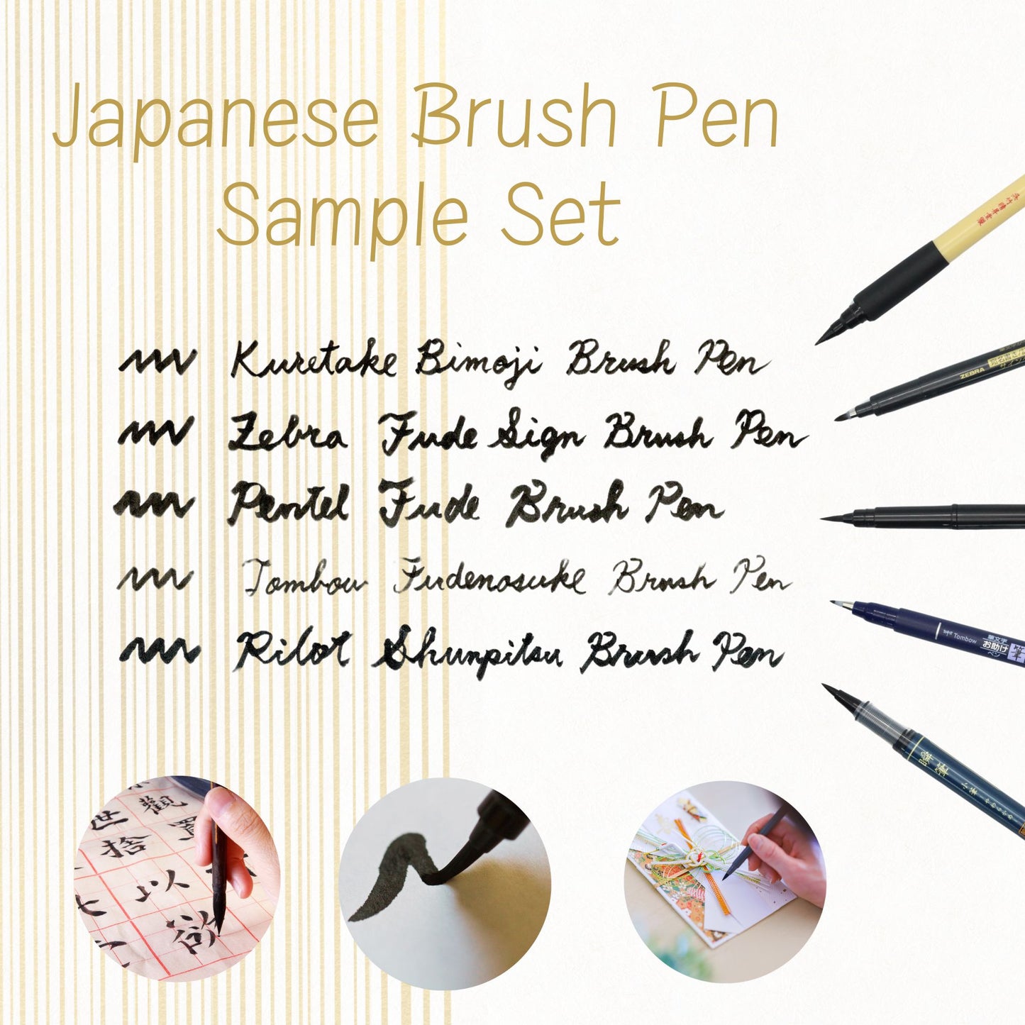 Stationery JP Brush Pen Sampler, Bold Medium Fine, Hard Soft, 5-pcs Set