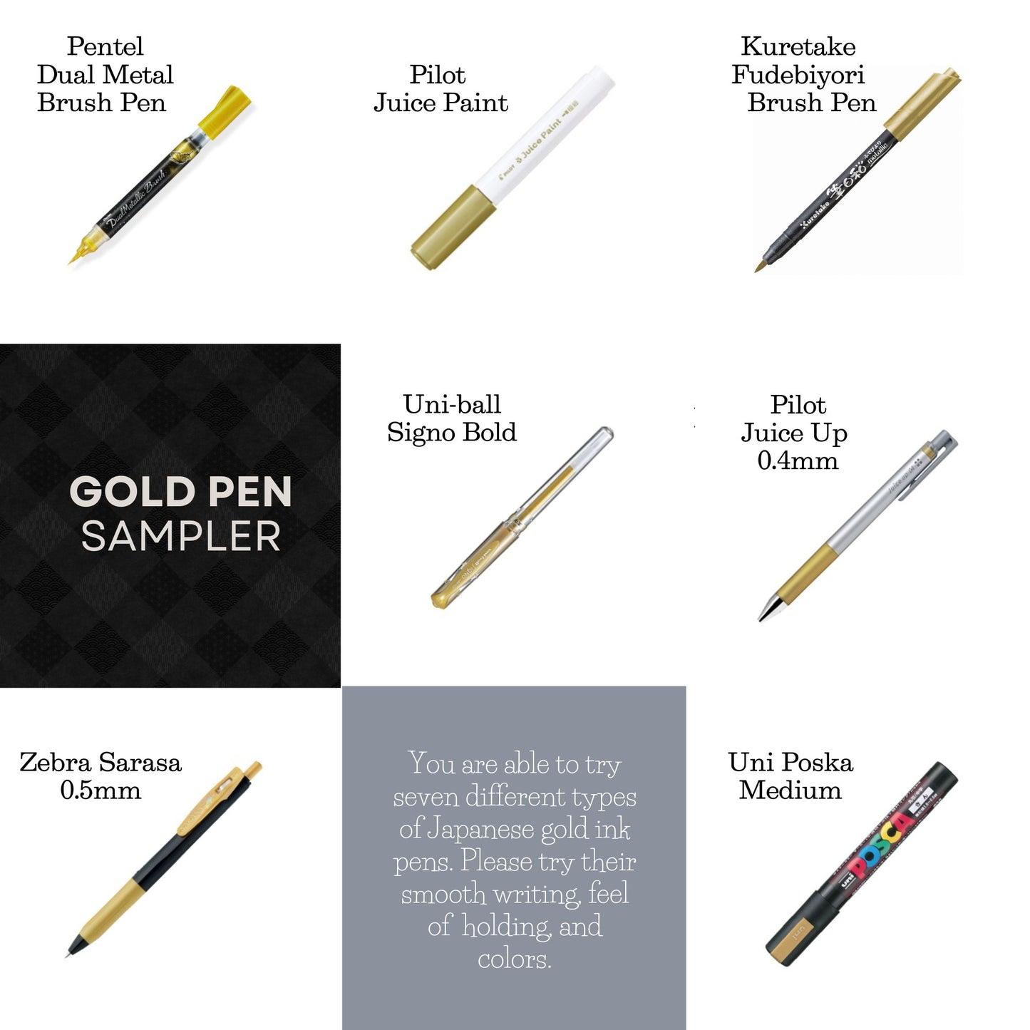 Japanese Gold Pen Sampler – 7 Writing Tools (Gel, Line, and Brush Tips)