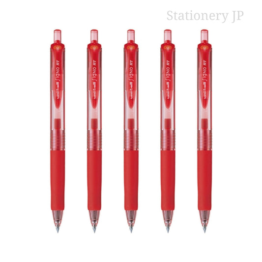 Signo RT Retractable Gel Ink Pen, Rubber Grip, Micro Point 0.38mm, Red Ink, 5 Pieces Set