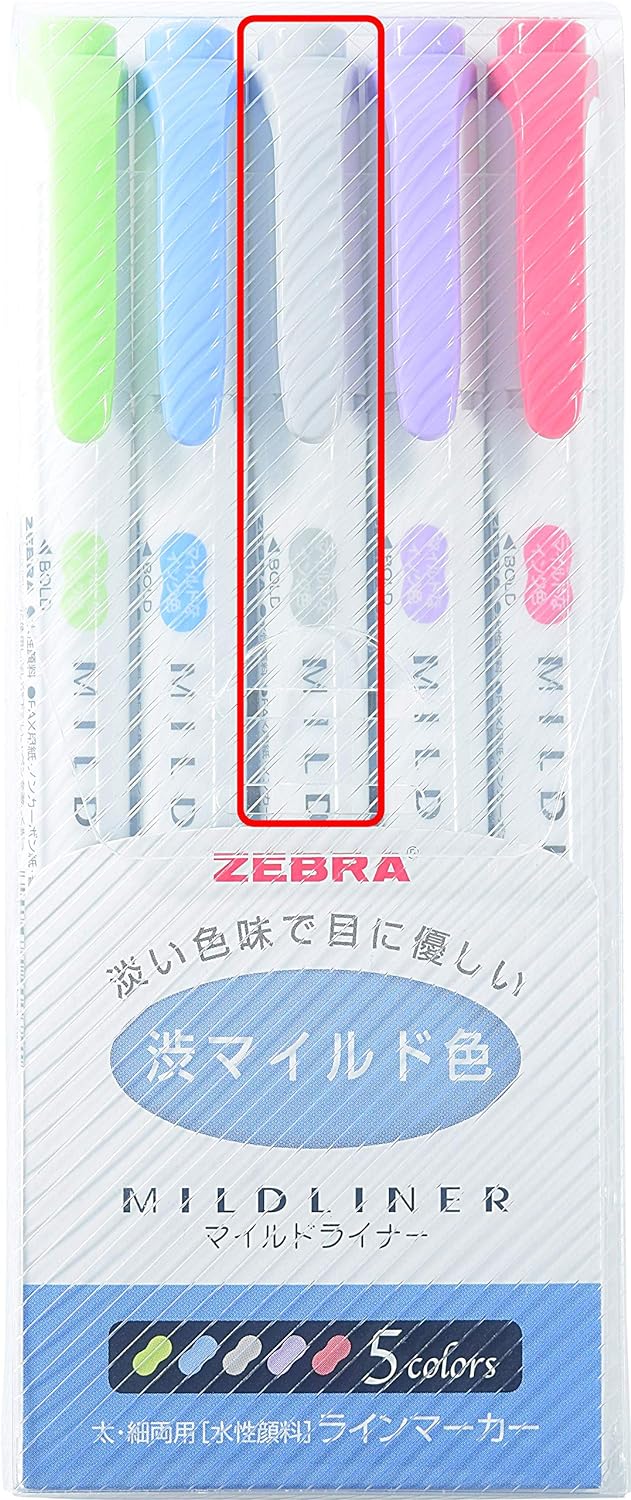 Zebra Mildliner Double-Sided Highlighter Mild Gray Ink Color, 5 Pieces Set