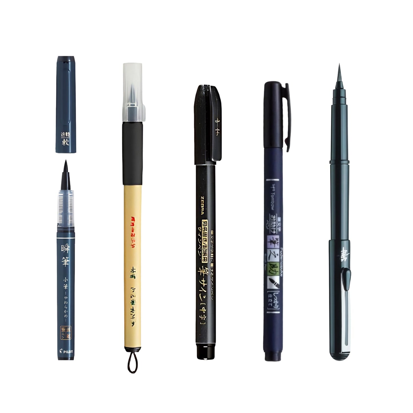 Stationery JP Brush Pen Sampler, Bold Medium Fine, Hard Soft, 5-pcs Set
