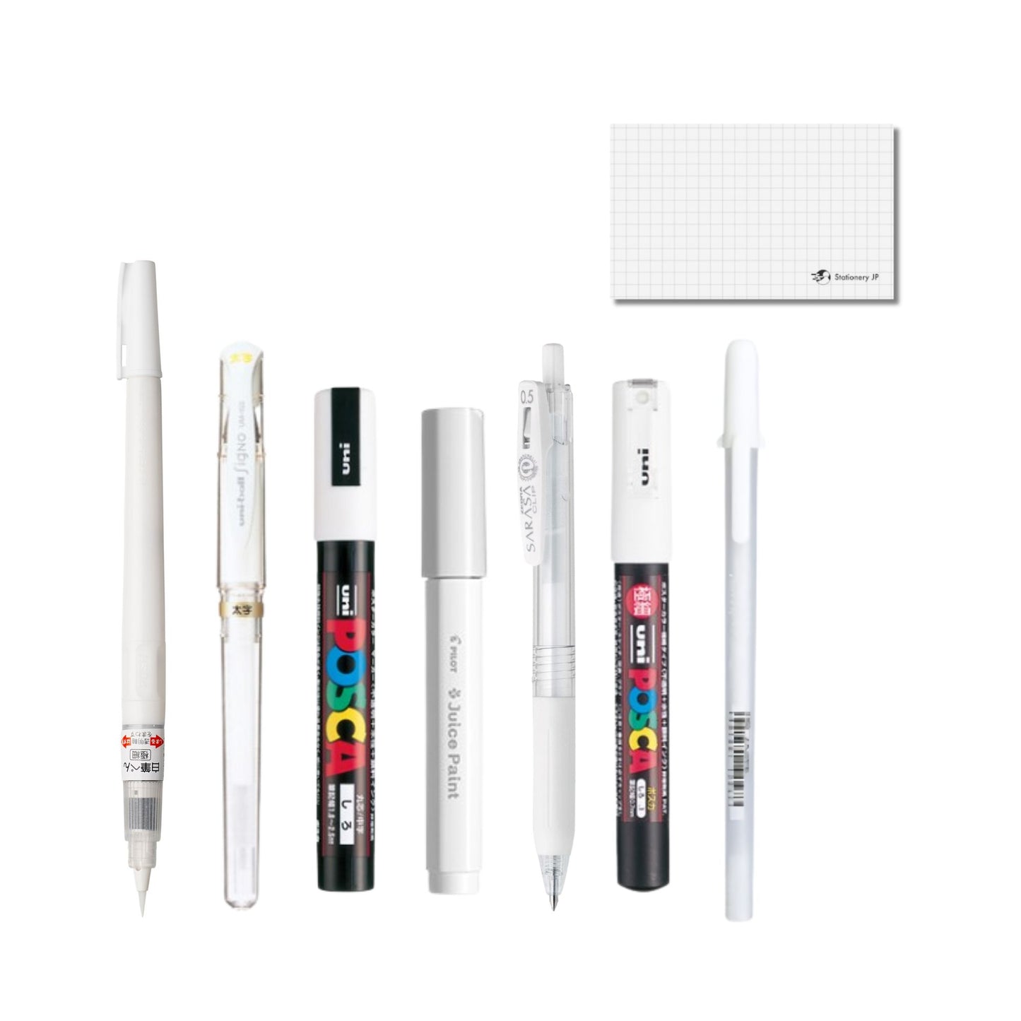 Japanese White Pen Sampler, Gel, Marker, Brush Pen, White Ink, 7-types Pens & Ink Testing Card Set