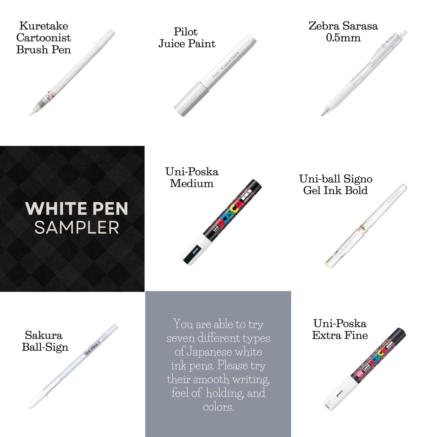 Japanese White Pen Sampler, Gel, Marker, Brush Pen, White Ink, 7-types Pens & Ink Testing Card Set