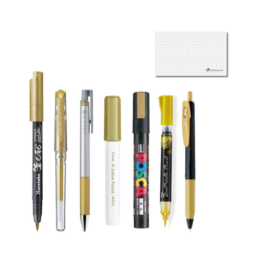 Japanese Gold Pen Sampler – 7 Writing Tools (Gel, Line, and Brush Tips)
