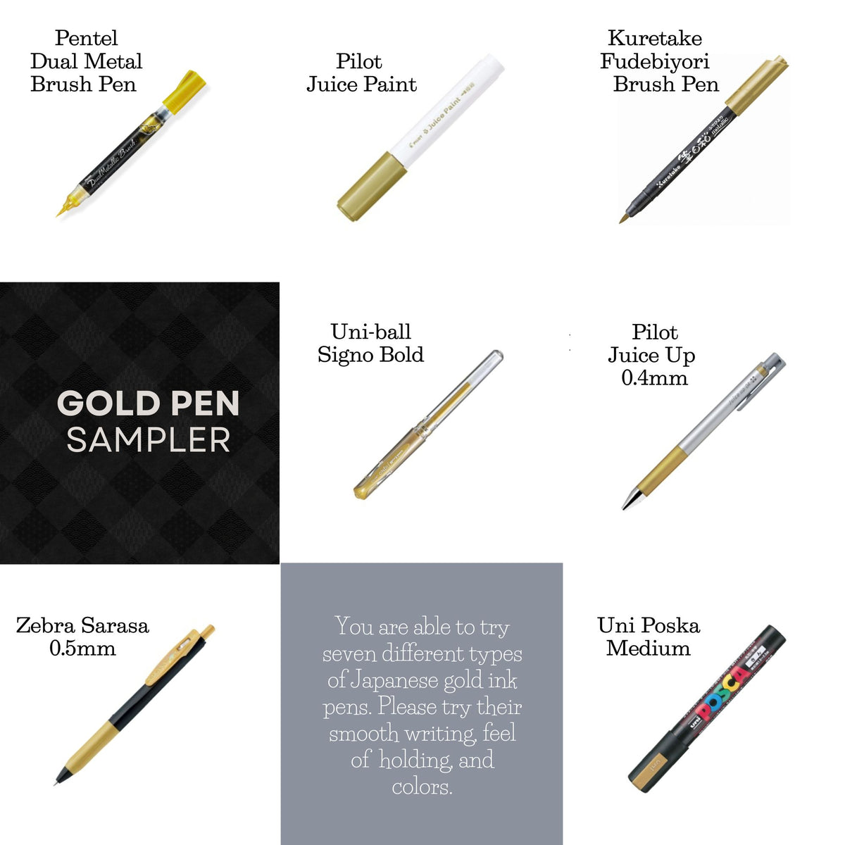Sampler Tips Japanese Gold Pen Sampler – 7 Writing Tools (Gel, Line, and Brush Tips ...